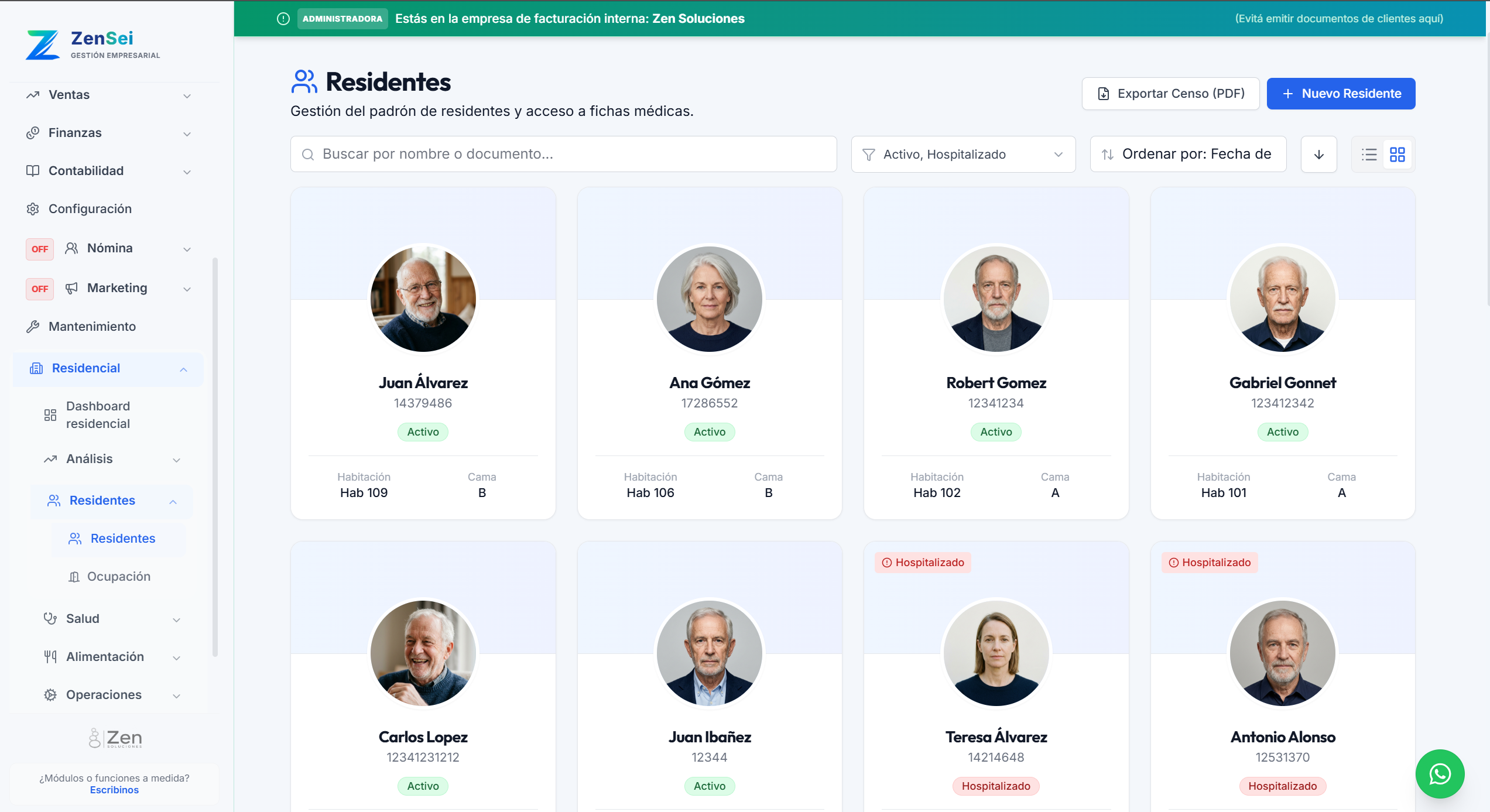 Listado de residentes de ZenSei con foto, habitación, cama y estado